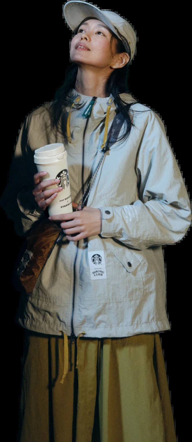 and wander + STARBUCKS ナイロンタフタフーディージャケット